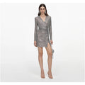 Grey Rhinestone Mesh Wrap Mini Dress