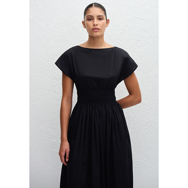 Shirred Waist Midi Dress Black