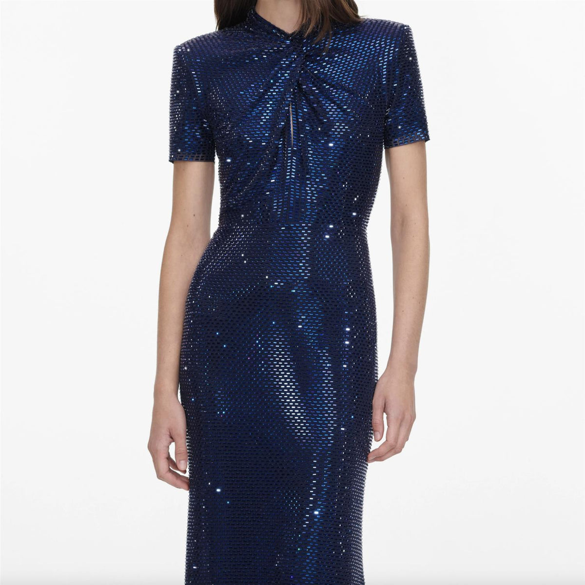Navy Rhinestone Mesh Twist Maxi Dress
