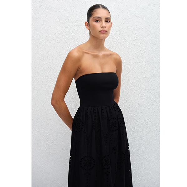 Strapless Knit and Broderie Dress Black