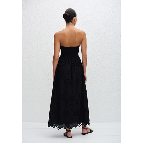 Strapless Knit and Broderie Dress Black