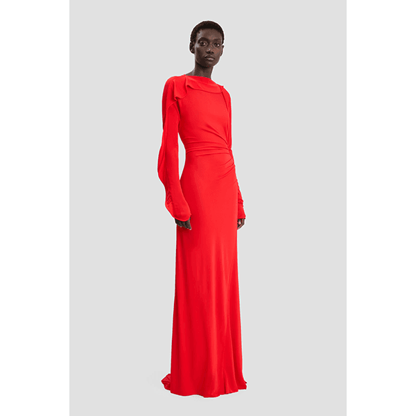 Long Sleeve Draped Jersey Gown Cayenne