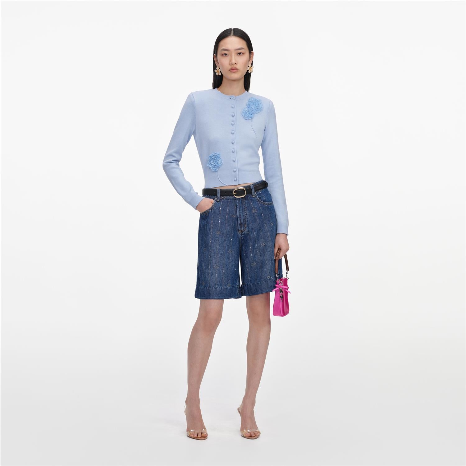 Rhinestone Stripe Denim Shorts Blue