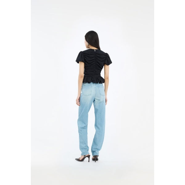 Ruched Puff Sleeve Top Black