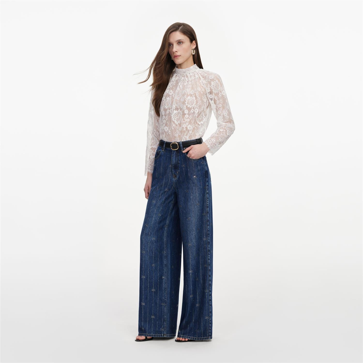 Rhinestone Stripe Denim Jeans Blue