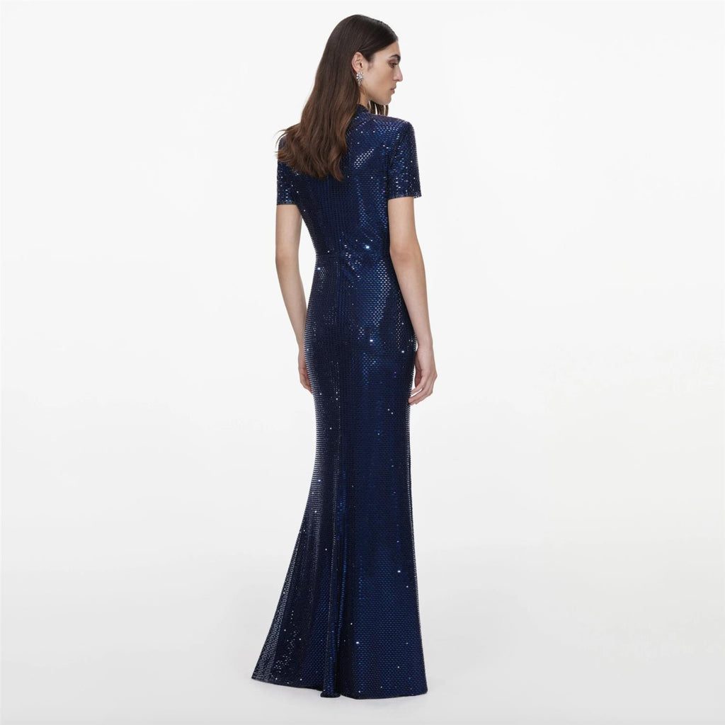 Navy Rhinestone Mesh Twist Maxi Dress