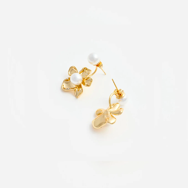 Gold Flower Pearl Jacket Earrings