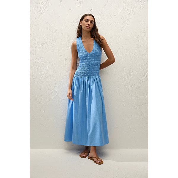 Palomar Midi Dress Mico Pinstripe Azul