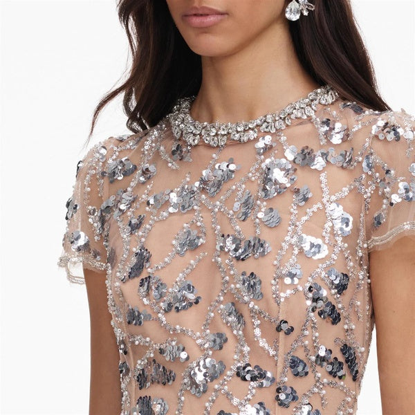 Silver Sequin Embellished Midi Dress