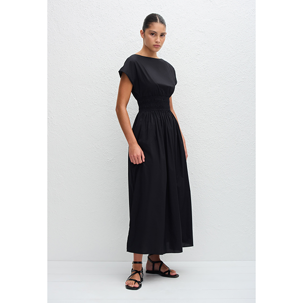 Shirred Waist Midi Dress Black