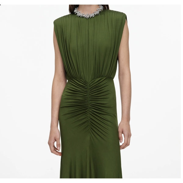 Olive Jersey Gathered Dress