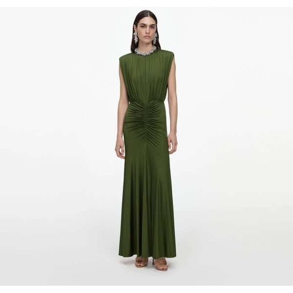 Olive Jersey Gathered Dress