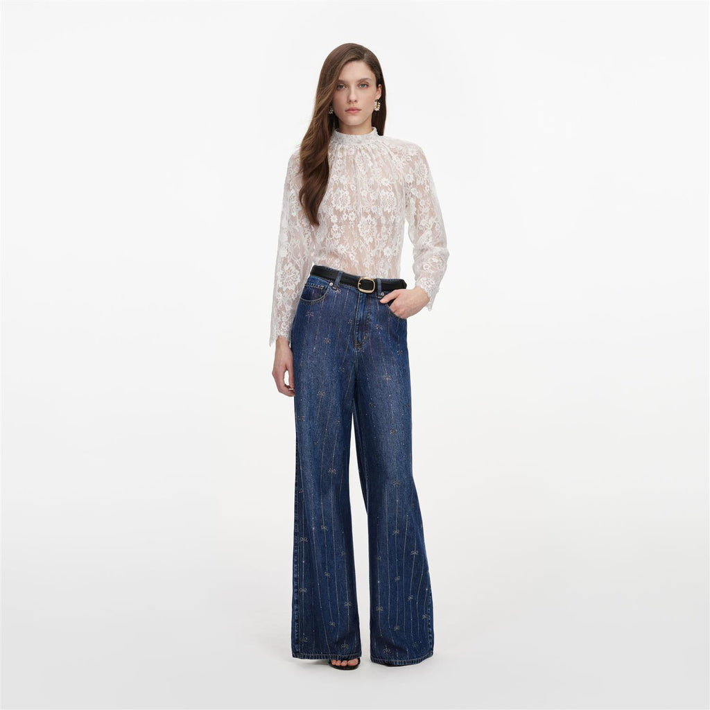 Rhinestone Stripe Denim Jeans Blue
