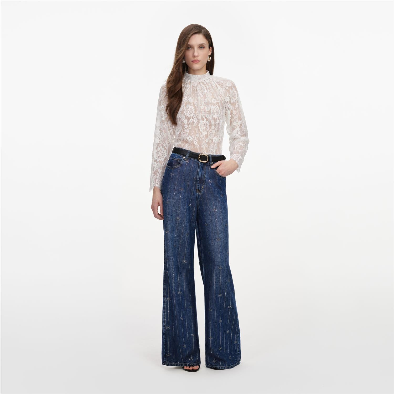 Rhinestone Stripe Denim Jeans Blue