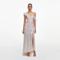 Champagne Rhinestone Ruffle Draped Maxi Dress