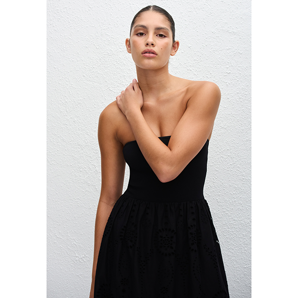 Strapless Knit and Broderie Dress Black