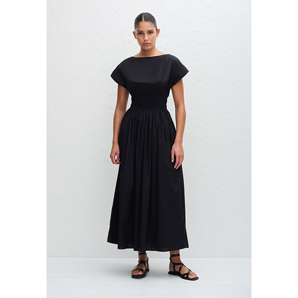 Shirred Waist Midi Dress Black