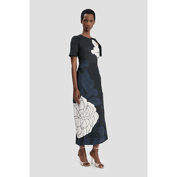 Split Hem Detail Midi Dress Dark Navy/Pale Rose