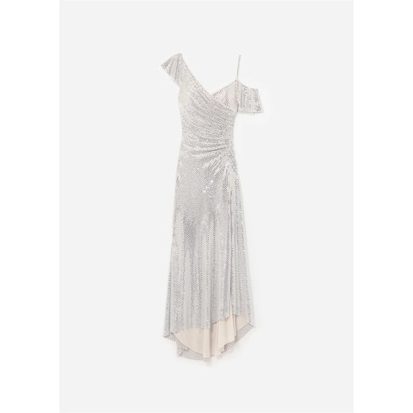 Champagne Rhinestone Ruffle Draped Maxi Dress