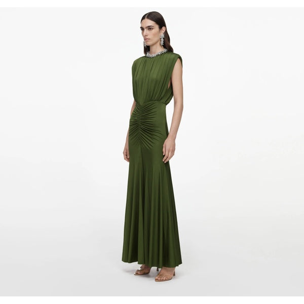 Olive Jersey Gathered Dress