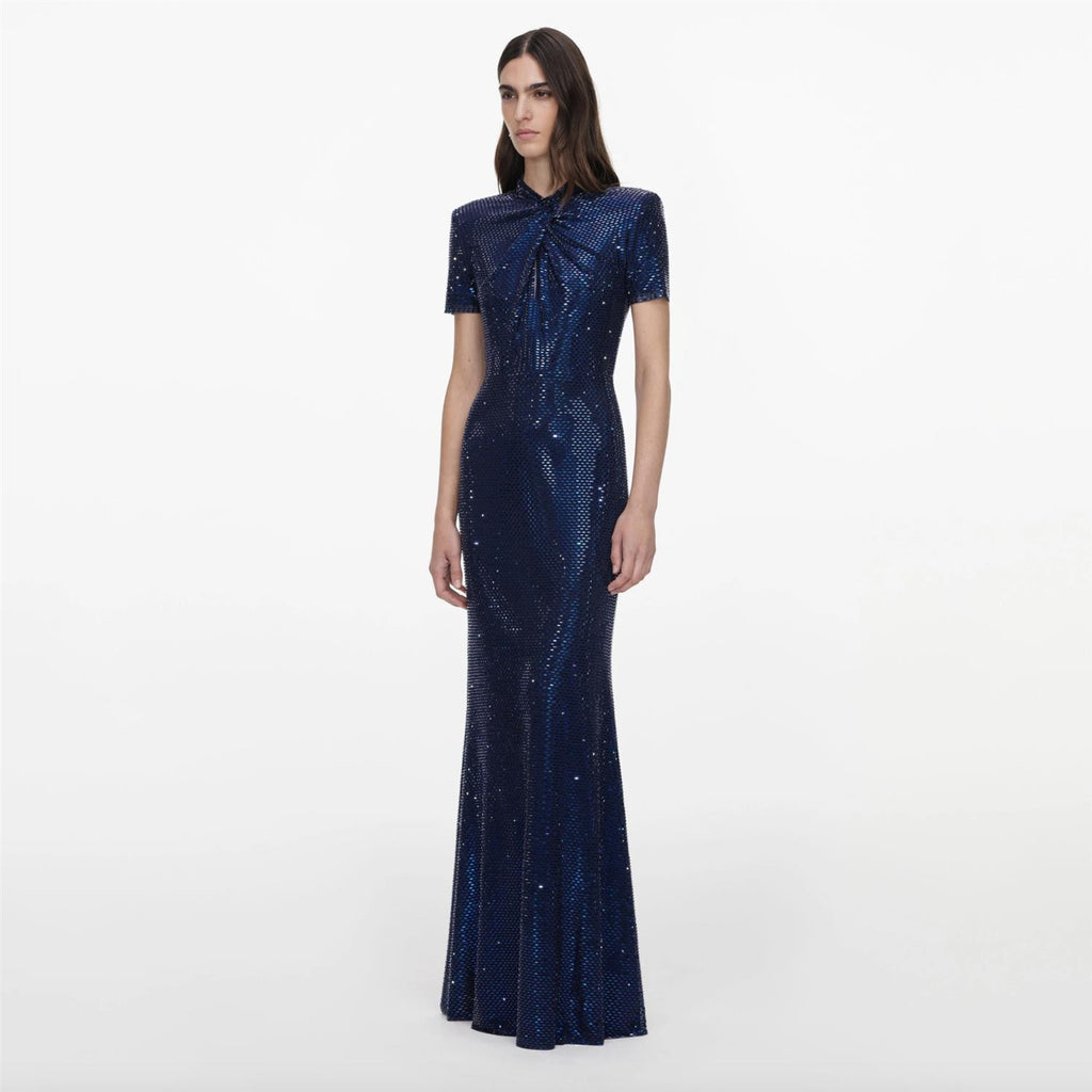 Navy Rhinestone Mesh Twist Maxi Dress