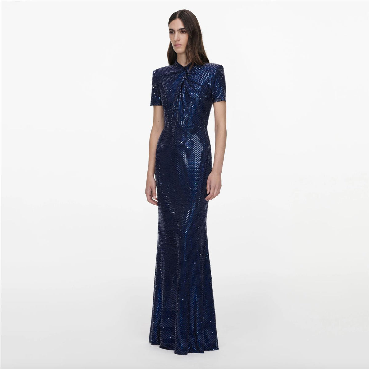 Navy Rhinestone Mesh Twist Maxi Dress
