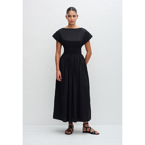 Shirred Waist Midi Dress Black