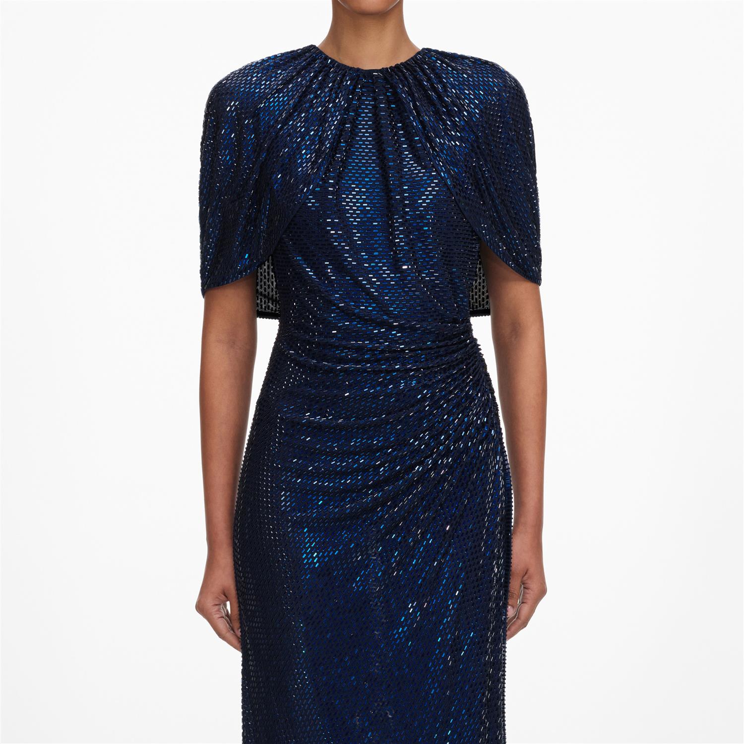 Navy Rhinestone Cape Sleeve Midi Dress