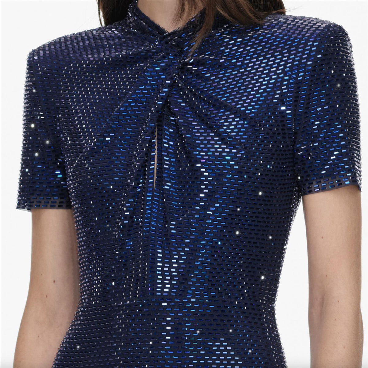 Navy Rhinestone Mesh Twist Maxi Dress