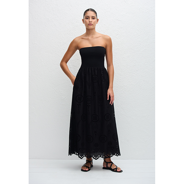 Strapless Knit and Broderie Dress Black