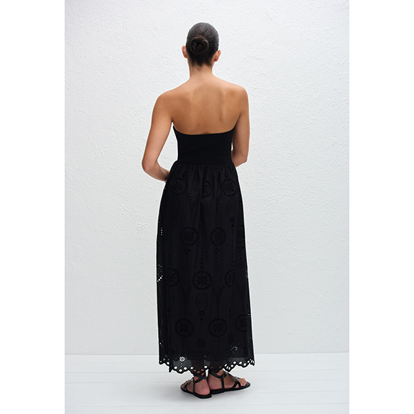 Strapless Knit and Broderie Dress Black