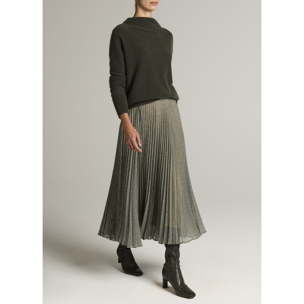 Sheer Houndstooth Pleated Pull On Skirt Black/Sage