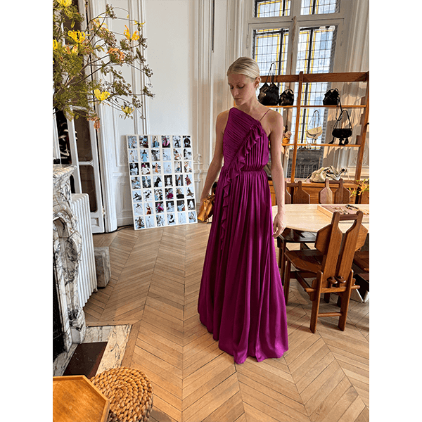 Aisha Pleatd Asymmetrical Gown Mulberry