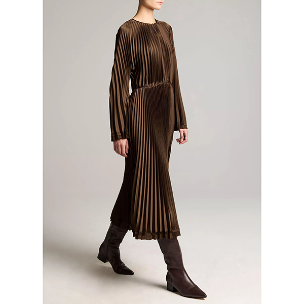 Contrast Trim Pleated Satin Dress Pinewood