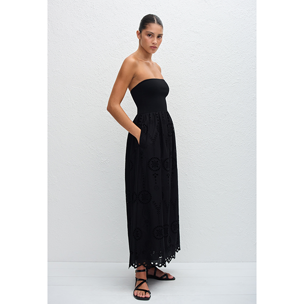 Strapless Knit and Broderie Dress Black