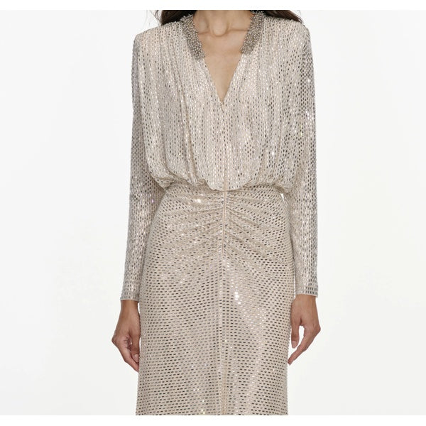 Champagne Rhinestone Embellished Maxi Dress