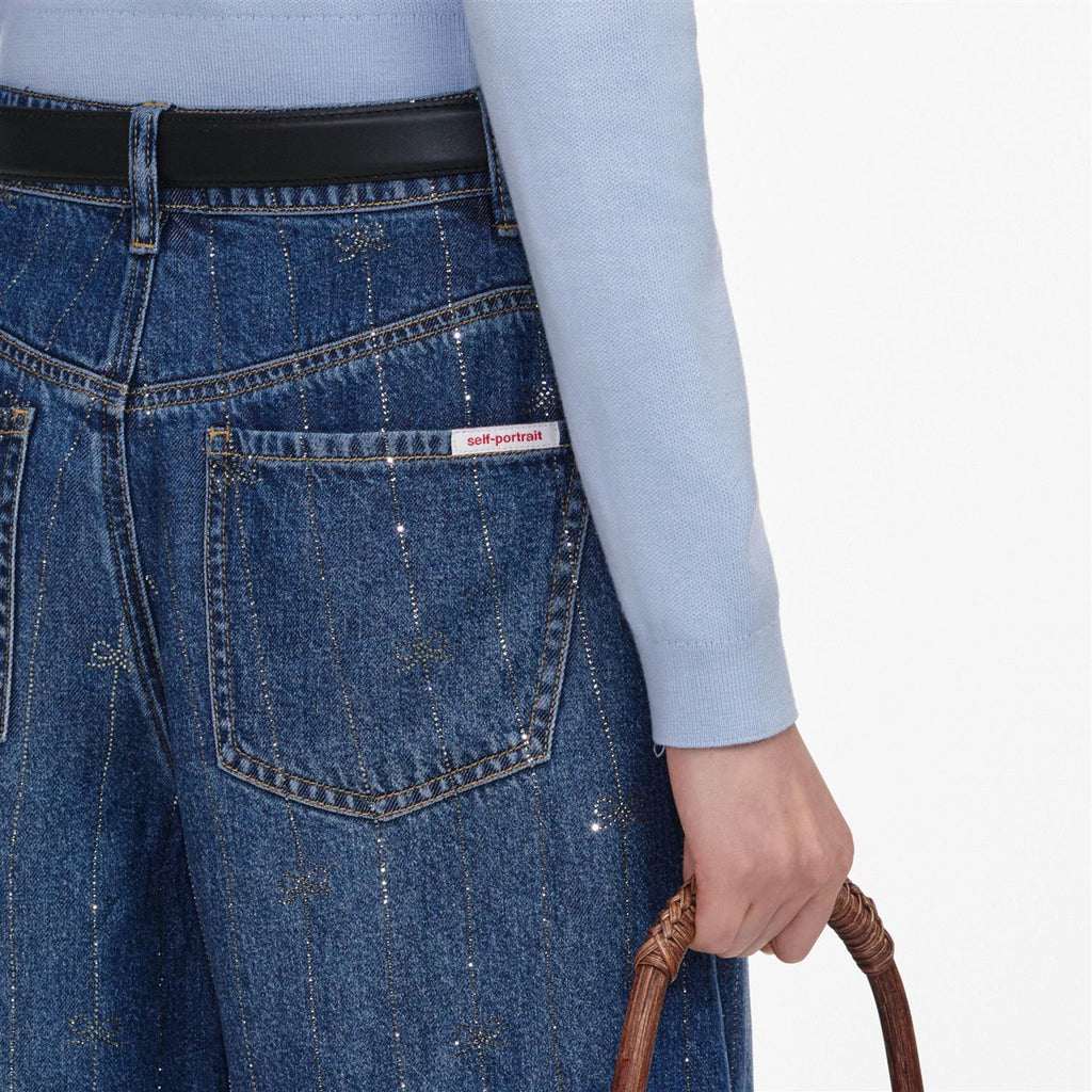 Rhinestone Stripe Denim Shorts Blue
