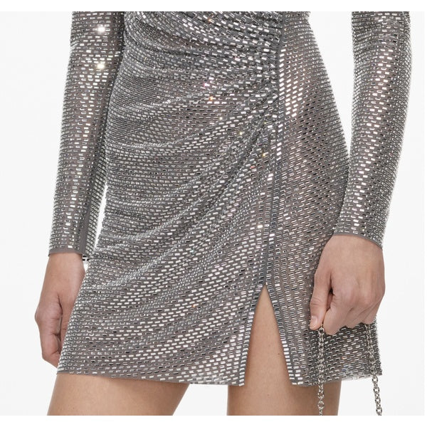 Grey Rhinestone Mesh Wrap Mini Dress