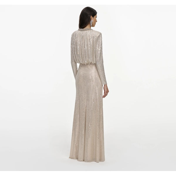 Champagne Rhinestone Embellished Maxi Dress