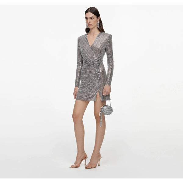 Grey Rhinestone Mesh Wrap Mini Dress
