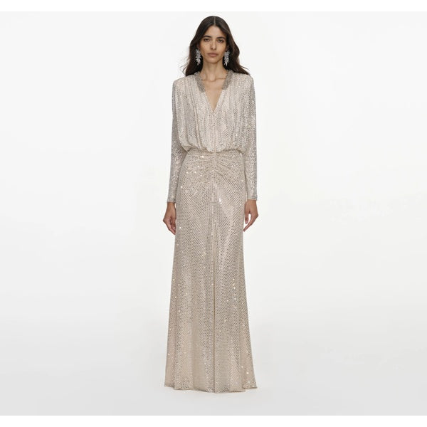 Champagne Rhinestone Embellished Maxi Dress