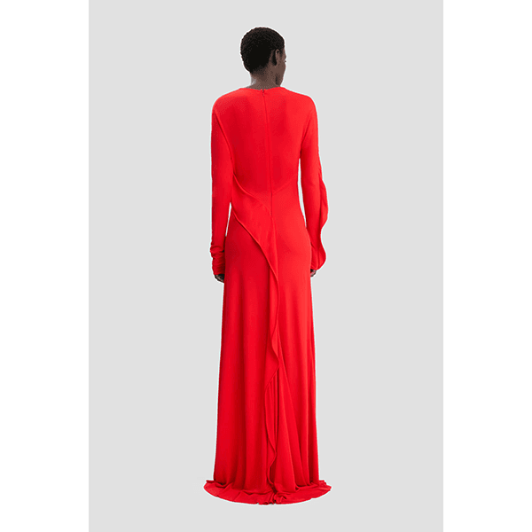 Long Sleeve Draped Jersey Gown Cayenne