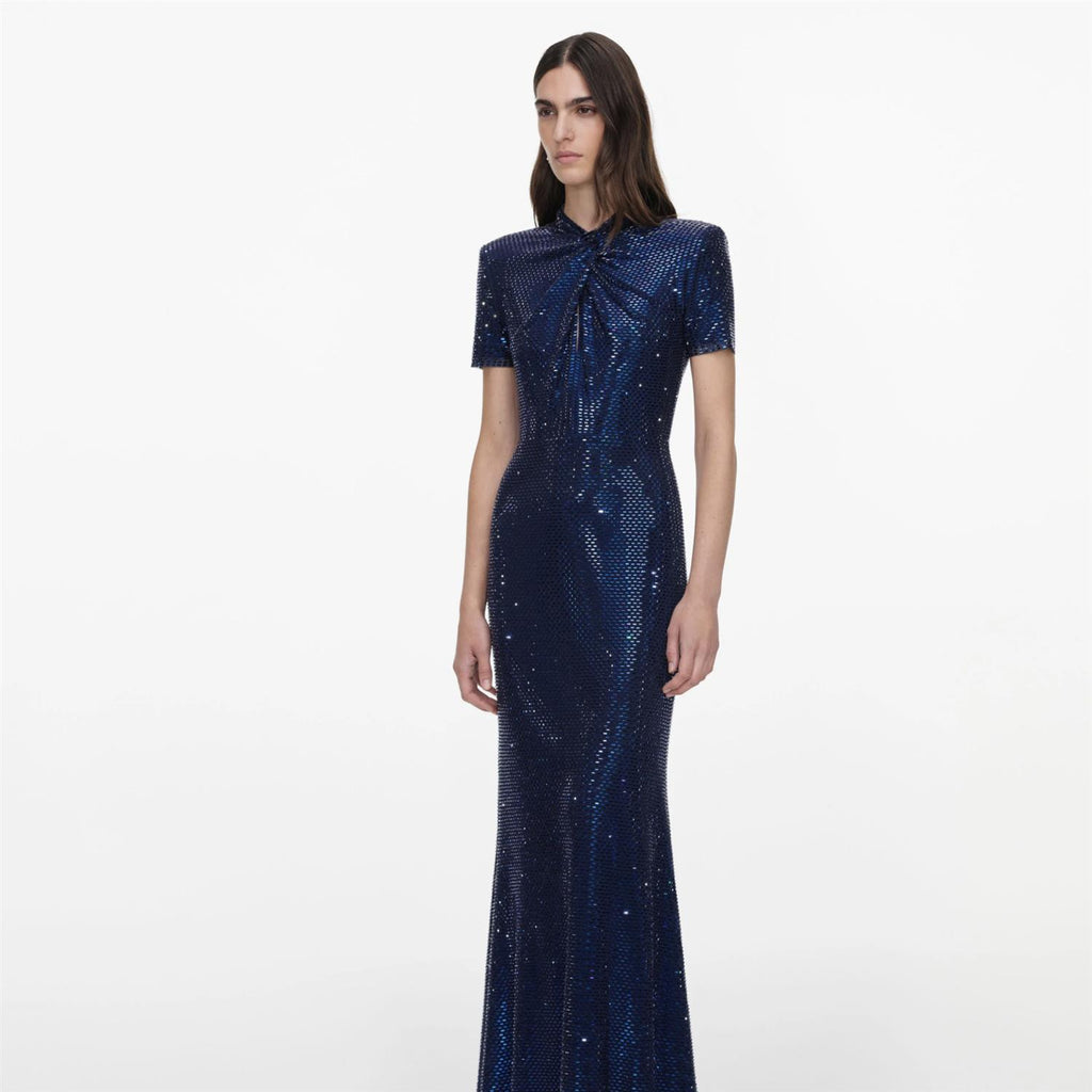 Navy Rhinestone Mesh Twist Maxi Dress
