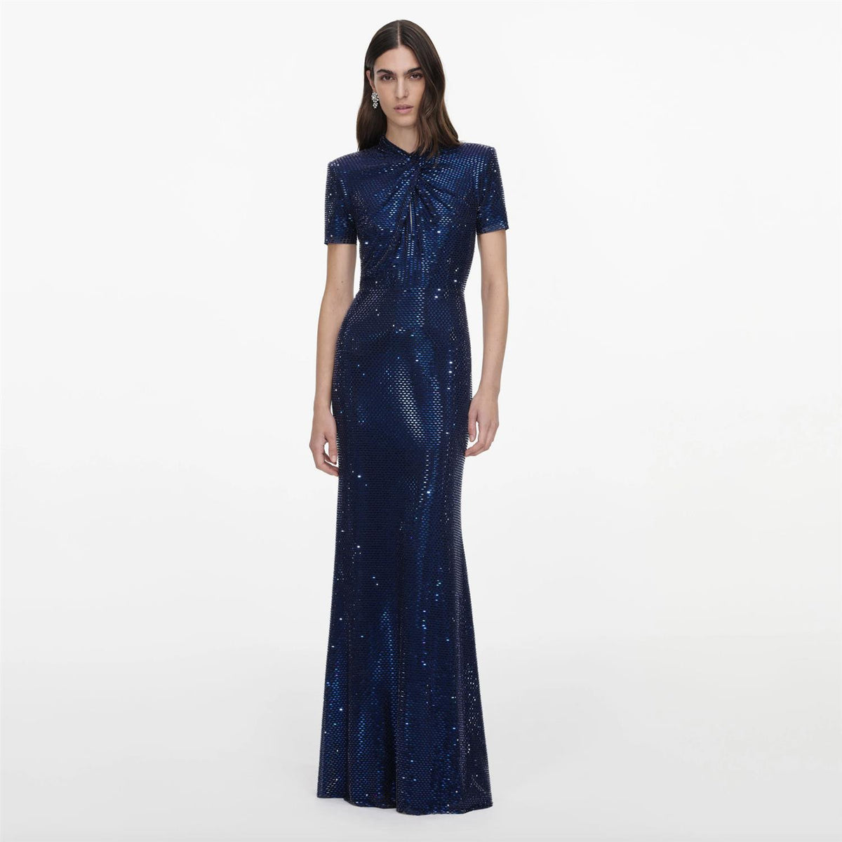 Navy Rhinestone Mesh Twist Maxi Dress