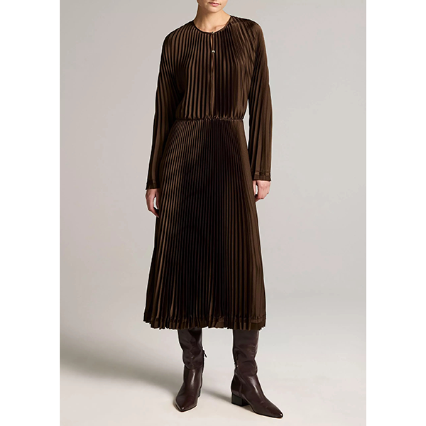 Contrast Trim Pleated Satin Dress Pinewood